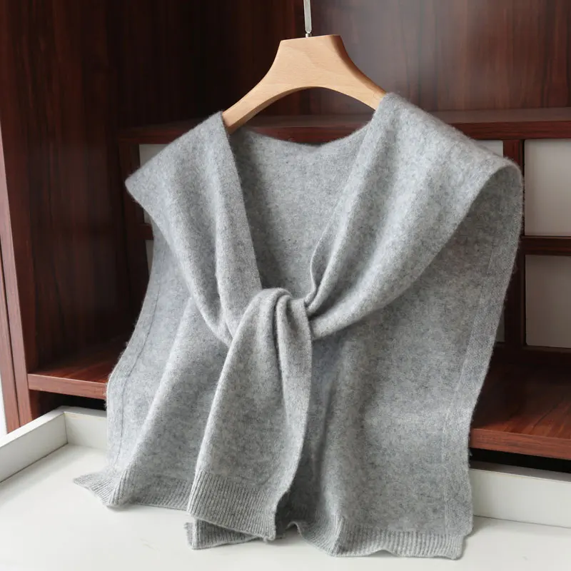 Spring and Autumn 100% Pure Wool Knitted Small Shawl Female Knotted Sweater Scarf Shoulder Neck Protection Cashmere Bib Dual-Use