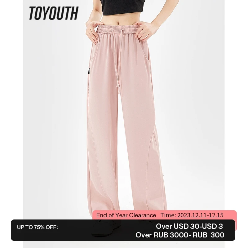 

Toyouth Women Casual Pants 2023 Summer Drawstring Waist Straight Loose Thin Basic Casual Simple White Black Pink Sport Trousers