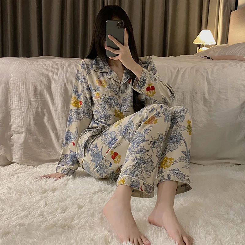 Women 2 Piece Pajamas Sets Floral Flower Pijama Faux Silk Satin Lapel Pyjama Female Sleepwear Long Sleeve Shirt Pants Homewear