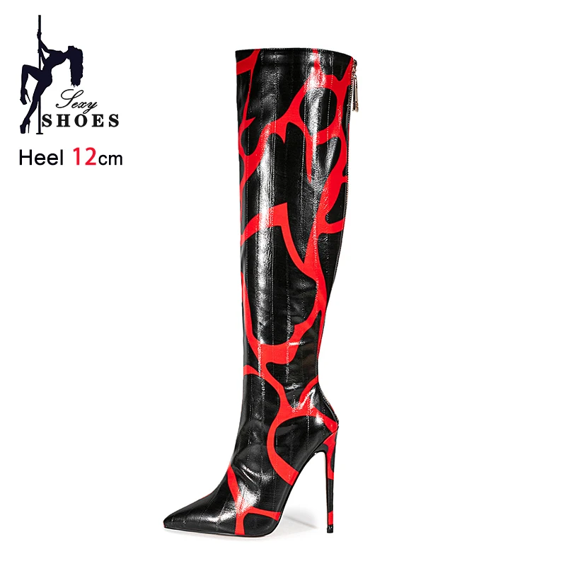 12CM Thin Heel Pointed Toe Long Boots Women Black Red Mixed color Fashion Autumn Shoes Plus Size 45 46 47 Winter Knee High Boots