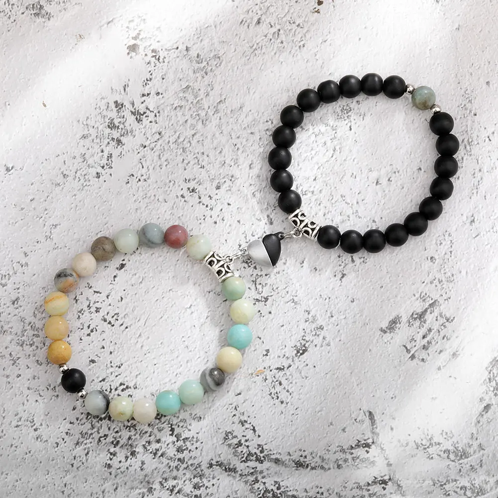 Natural Stone Beaded Heart Magnet Attraction Couple Bracelets for Women Men Simple Love Relationship Bracelet Jewelry 2Pcs/Set