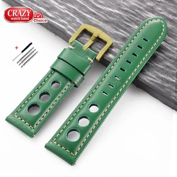 Vintage Brown Cowhide Leather Watch Strap with Pin Buckle - Unisex Wrist Band - 26mm (Green - Gold)