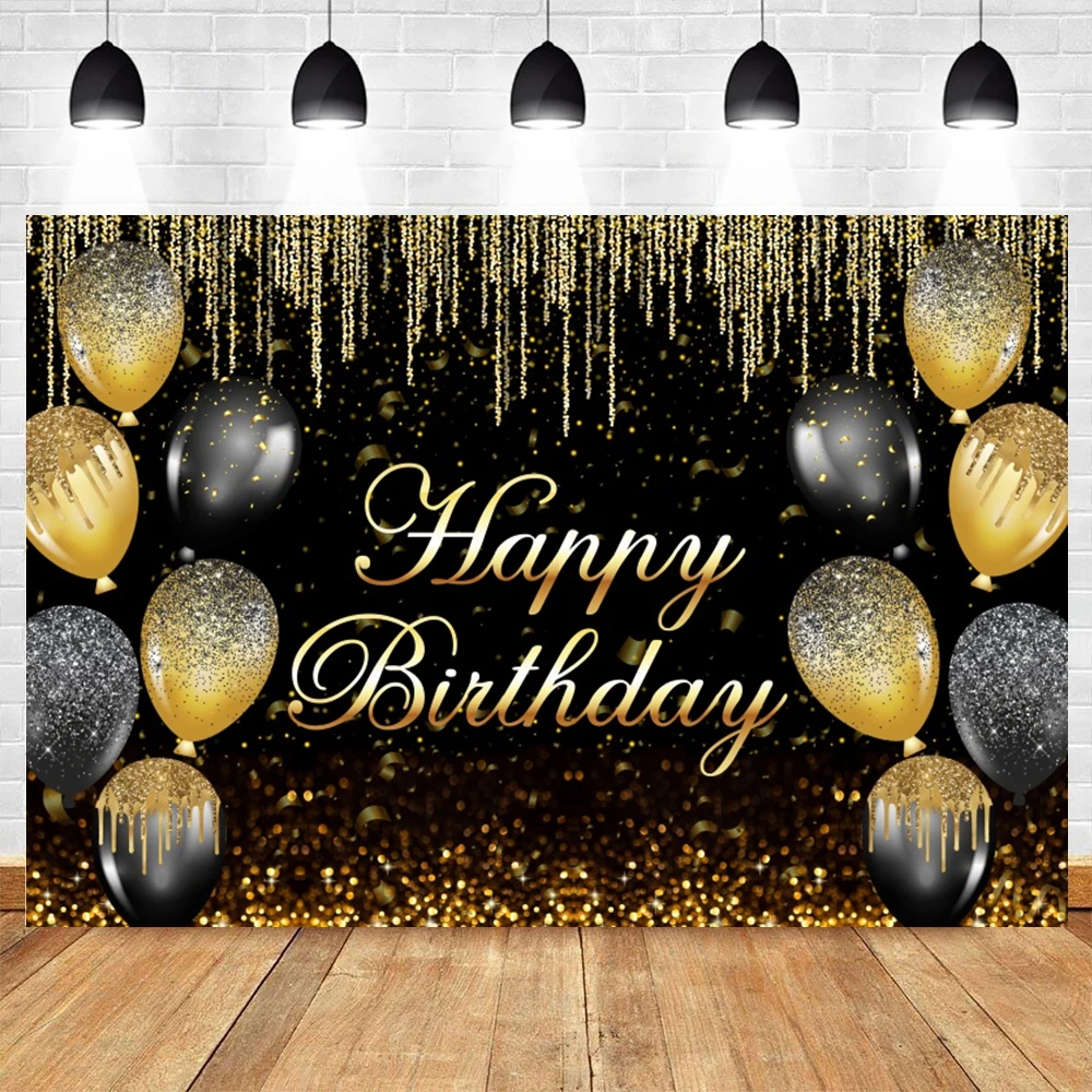 Adult Happy Birthday Backdrop Black Gold Glitter Balloon Boys Girls Birthday Party Decor Photography Background Customized