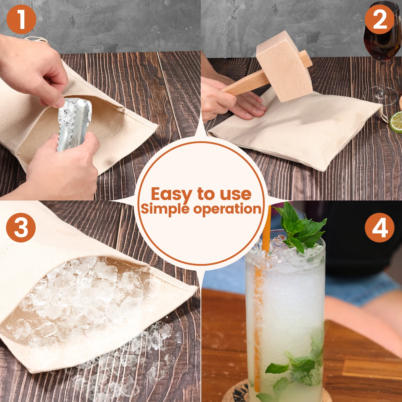 Cotton Crushed Ice Bag and Wooden Ice Mallet Set Manual Reusable Bag Crusher Bartender Tool Kit Household Bar Tool Accessory