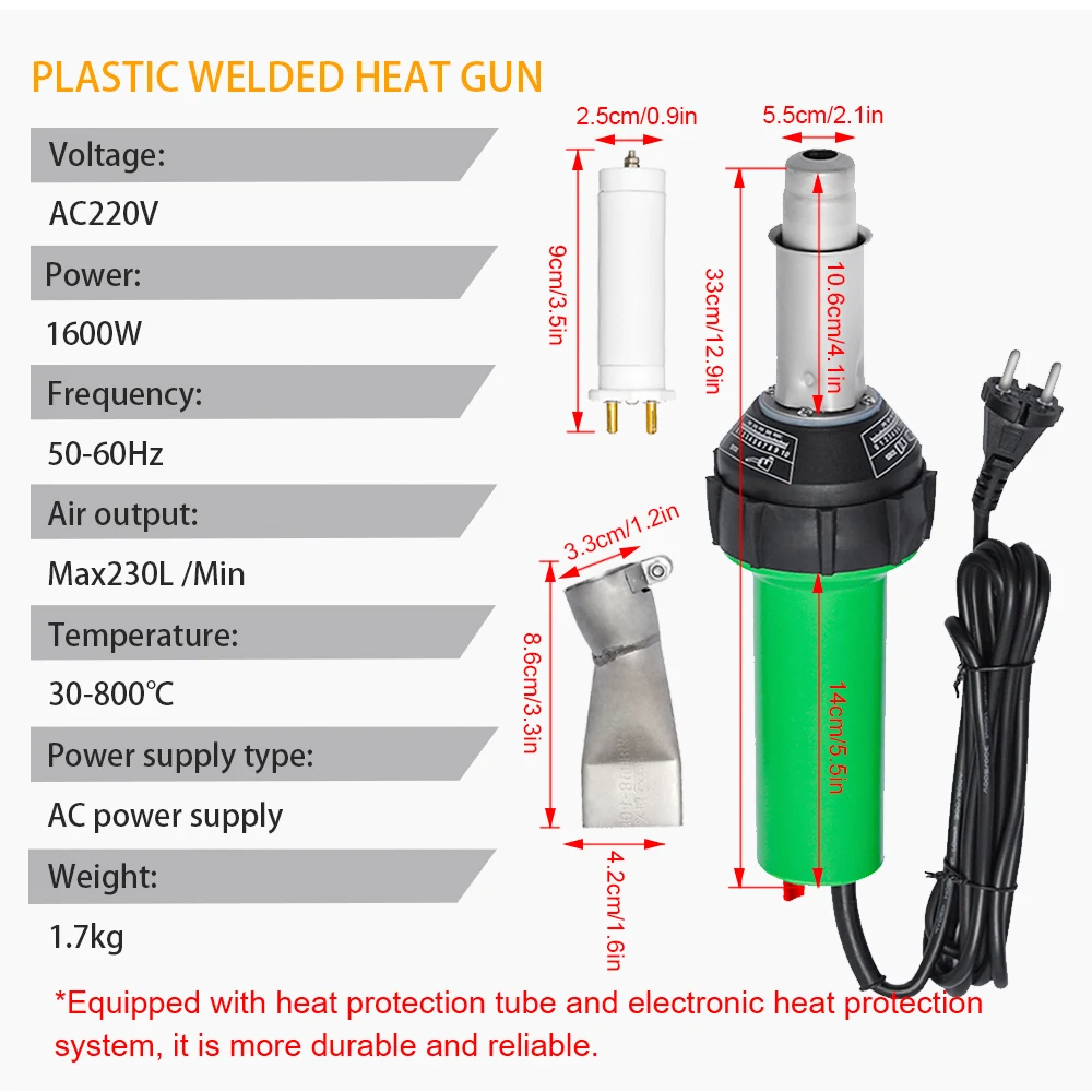 AC 220V 1600W 50/60hz Plastic Welding Machine Electric Hot Air Gun Plastic Welding Gun + Heating Core + Flat Head Accessories 3