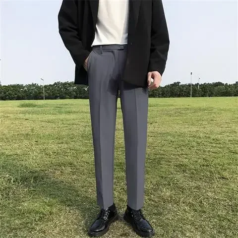 thumbnail image 1 of Pantalones de traje de negocios rectos y ajustados para hombre, de cintura alta, fluidos, para oficina, trabajo, social, sastrería, pantalones trenzados para hombres., 1 of 5