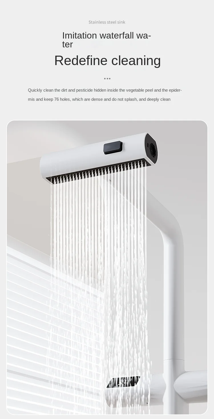 Description Picture 4 of itemWhite Stainless Steel Kitchen Sink with New Digital Display Pull-Out Waterfall Faucets Multifuctional Sink Kitchen Accessories