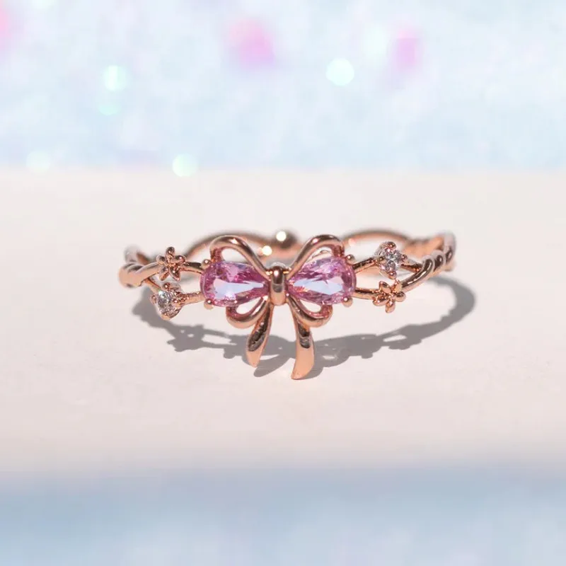 Exquisite Pink Zircon Bow Ring for Women Female Gold Color Flower Shining Crystal Open Ring Birthday Party Jewelry Luxury Gifts