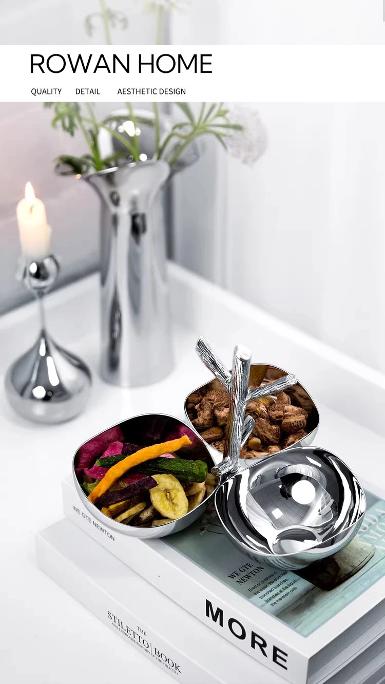 Description Picture 3 of itemLuxury Stainless Steel 3-Section Snack Bowl Serving Bowl Dessert Plate with wooden Tray for Home Decoration Table Kitchen Party