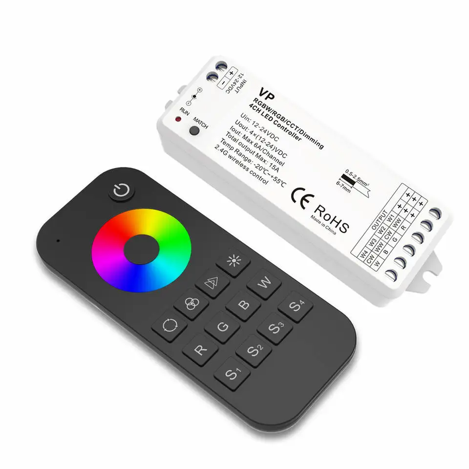 VP RGBW/RGB/CCT/Dimming 4 Channel RGBW LED RF Controller 12V-24V DC Constant Voltage 4 in 1 2.4G RF Wireless Receiver RT9 Remote 18 channel remote receiver 433mhz rf remote transceiver 12v 24v 36v 48v relay