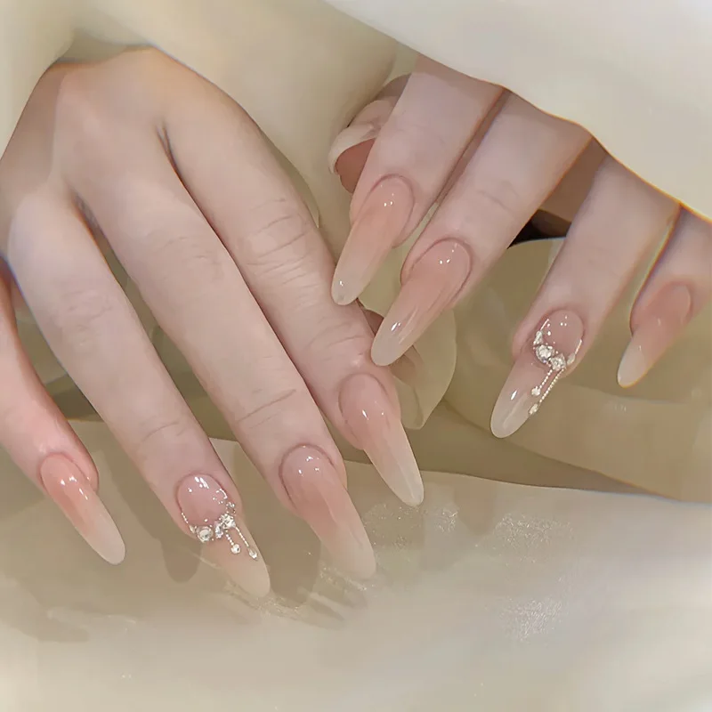 French False Nails Press on Nails Full Cover Rhinestone Butterfly Design Cat Eye Bow Almond Wearable Fake Nail Art 24Pcs