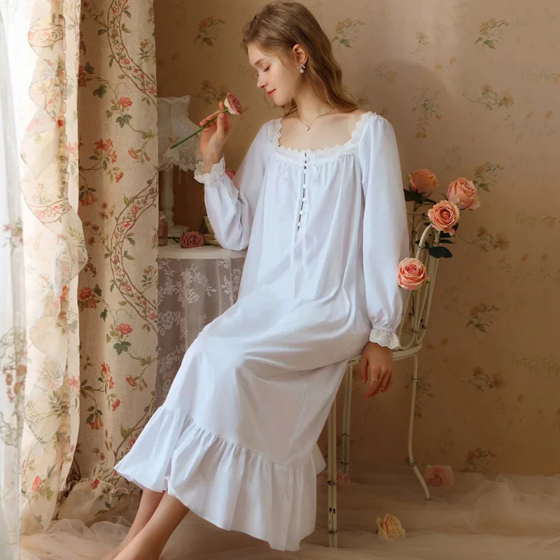 

Princess Vintage Long Mid-Calf Cotton Nightdress French Sexy Square Collar Full Sleeves Nightie Casual Loose Large Size Homewear