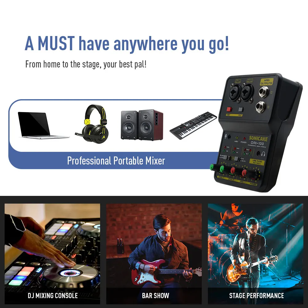 2-Channel Mini Audio Mixer with Sound Card DJ Studio Music Recording Home Karaok