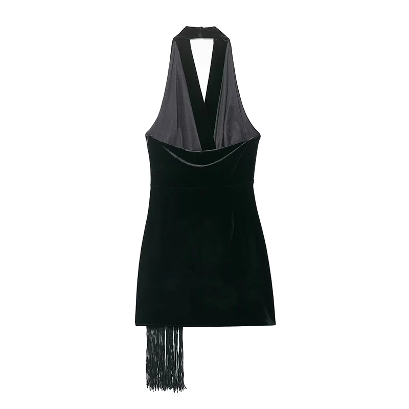 Tassel Decoration Backless Sexy Short Dress For Women Fashion Velvet Summer New Hanging Neck Chic Female Evening Party Dresses