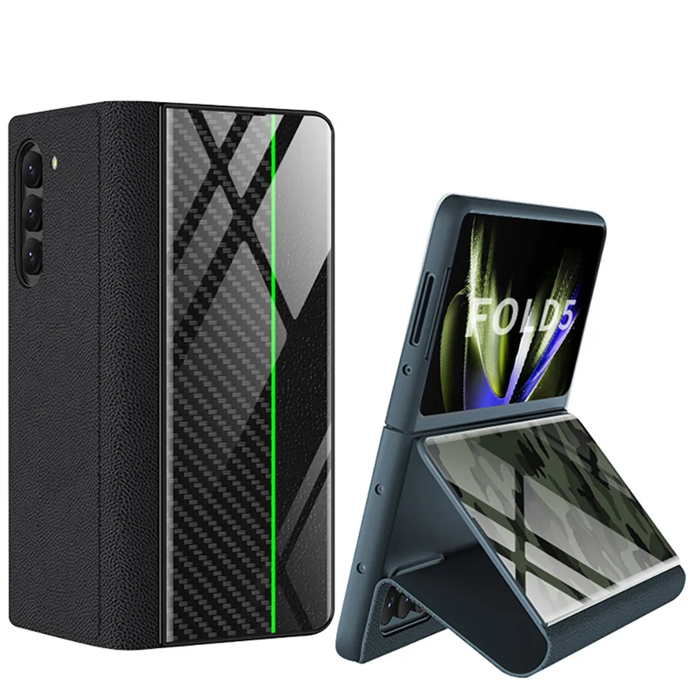 For Samsung Galaxy Z Fold 5 Case Leather & Fashion pattern Glass Hard Back Flip Cover for Galaxy Z Fold5 5G Funda