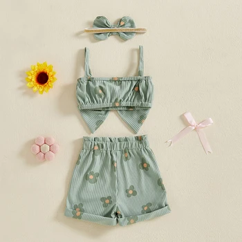 Toddler Girls 3 Piece Outfits Ruffle Sleeveless Top and Shorts Set with Headband Summer Clothes Floral Print Bow Camisole 1