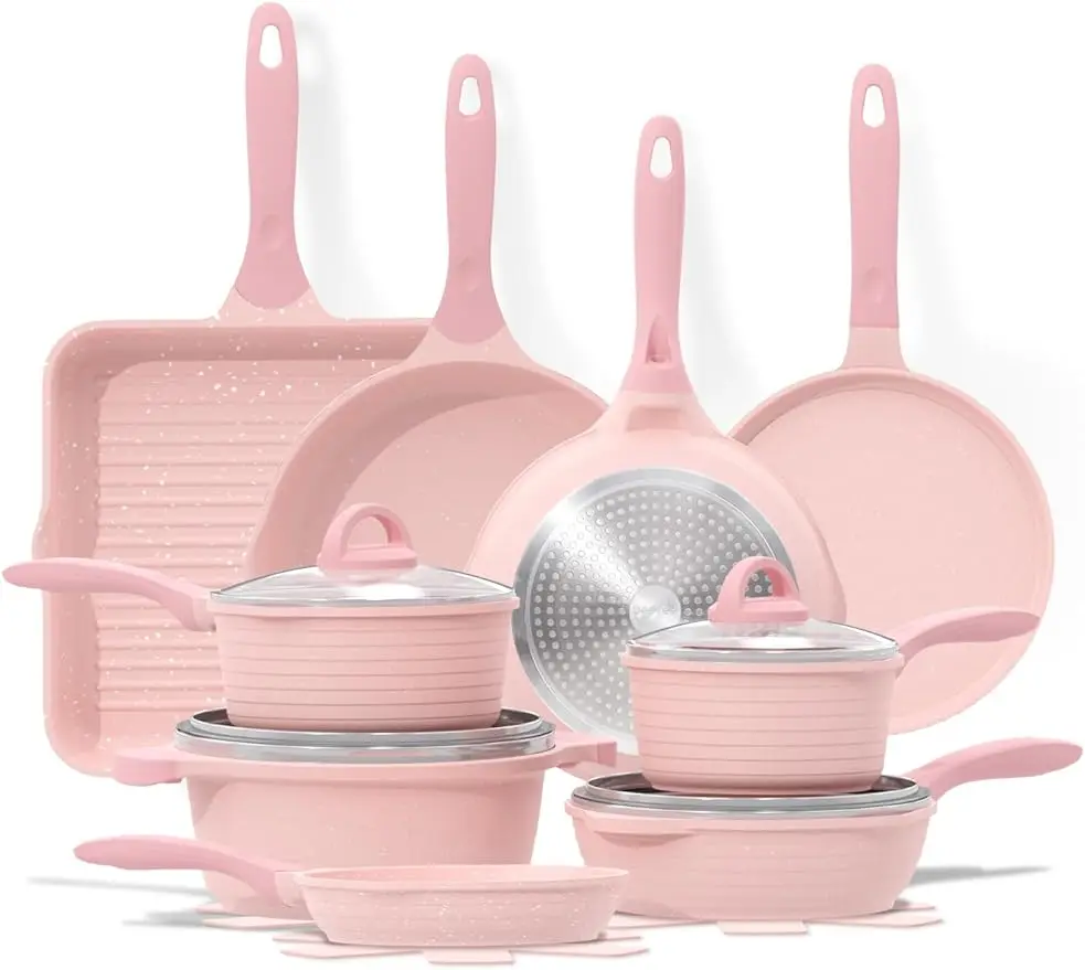 

JEETEE Pink Pots and Pans Set Nonstick 23pcs, Healthy Kitchen Cookware Sets, Induction Cooking Set Pink Granite Stone