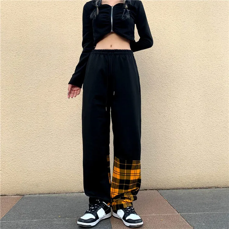 Retro casual pants women's spring autumn Korean version INS tide loose straight pants stitching plaid high waist wide leg pants capri sweatpants