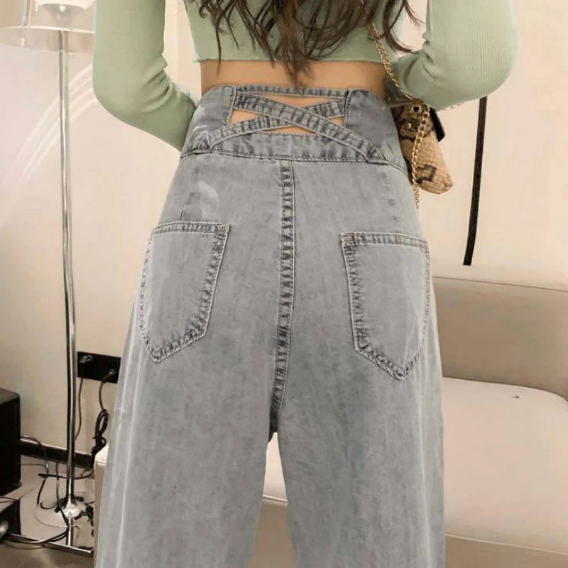 Women Mopping Long Solid Wide-leg High-waist Hollow Out Korean-style Sexy Trendy Womens Chic Slim Drape Vintage Summer New Jeans