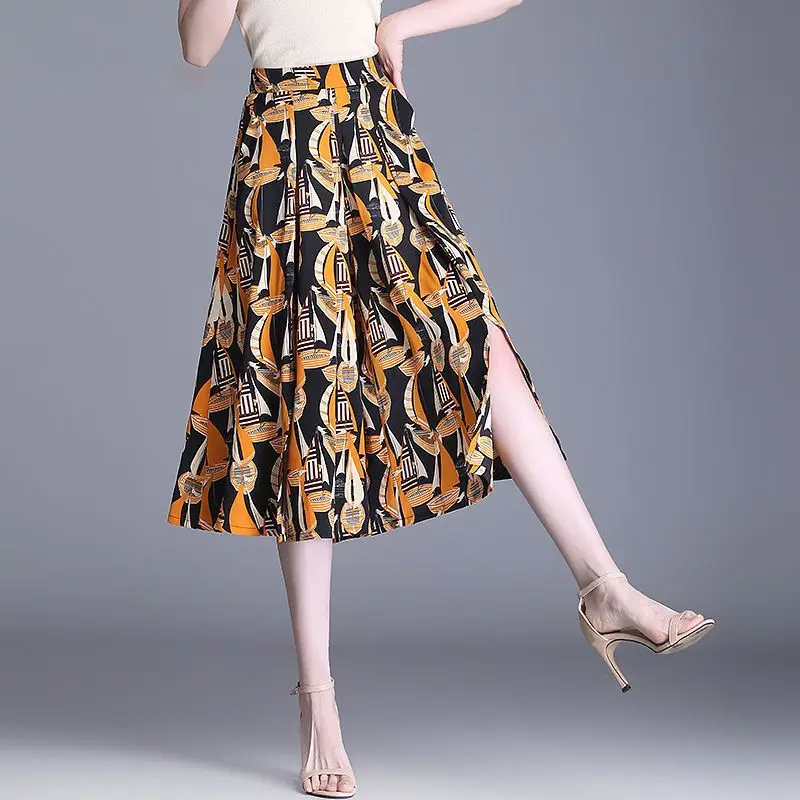 2024 New Summer Fashion Elegant Temperament Commuting Style High Waisted Slimming Print Loose Oversize Five Point Wide Leg Pants