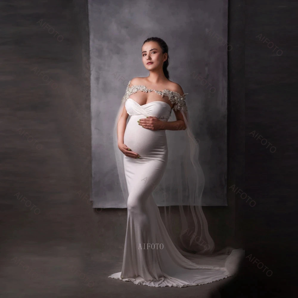 Women Tulle Cape Cloak Maternity Photography Dresses  Rhinestones Wedding Bridals Floor Length Shawl Pregnancy Photo Shoot Gowns