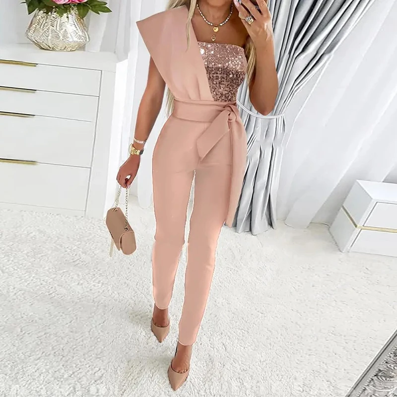 

Fashion Women Casual Sleeveless Solid Color Jumpsuit Elegant One Shoulder Slim Tie Nipped Waist Bow Chic Evening Jumpsuit