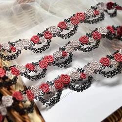 Elegant Embroidered Floral Lace Trim for Crafting and Sewing - 3.5cm Wide, 1 Yard (Red Black)