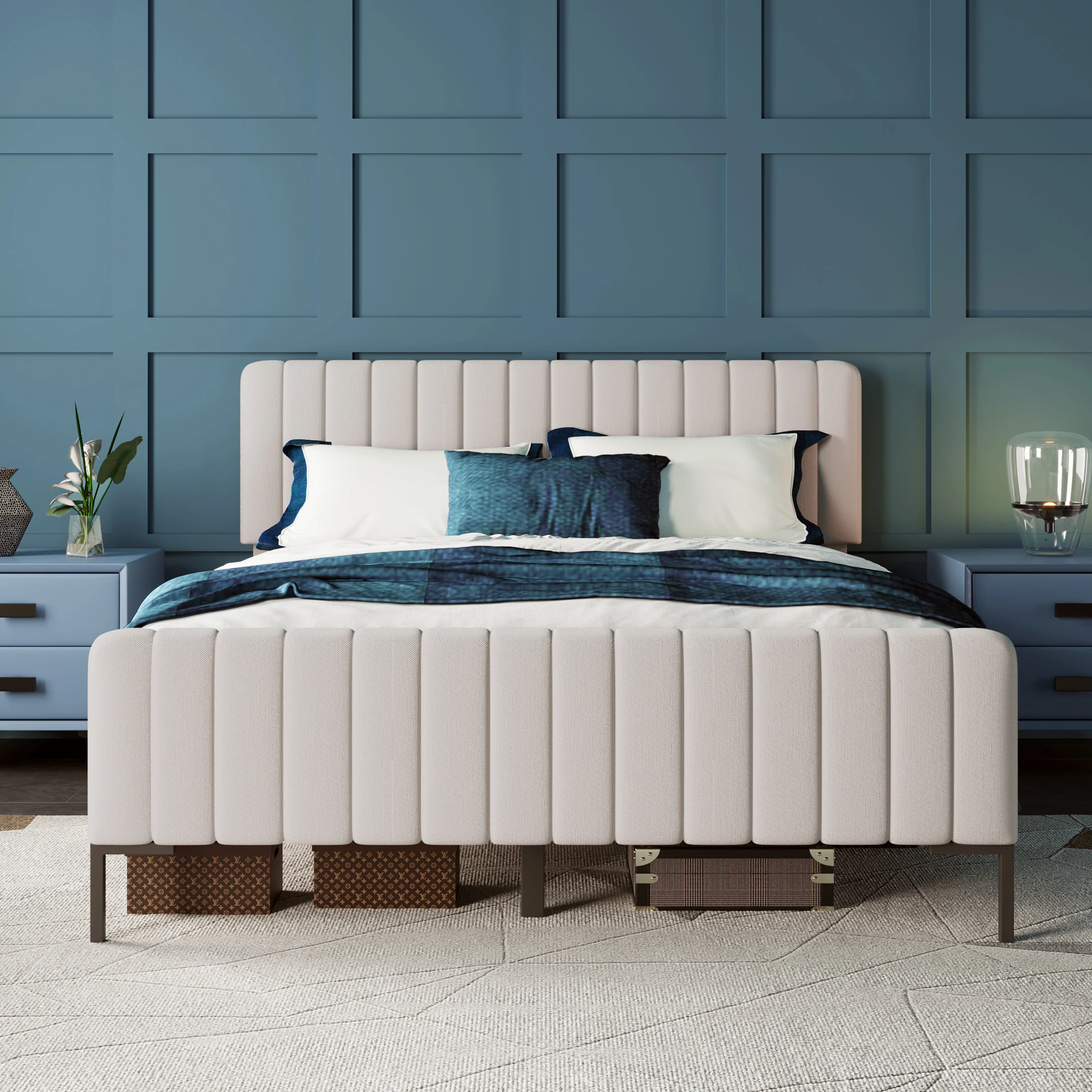 KOMHTOM Gepolstertes Jugendbett, Bettgestell mit Lattenrost, verstellbarem Kopfteil, Leinenmaterial – Detail 1