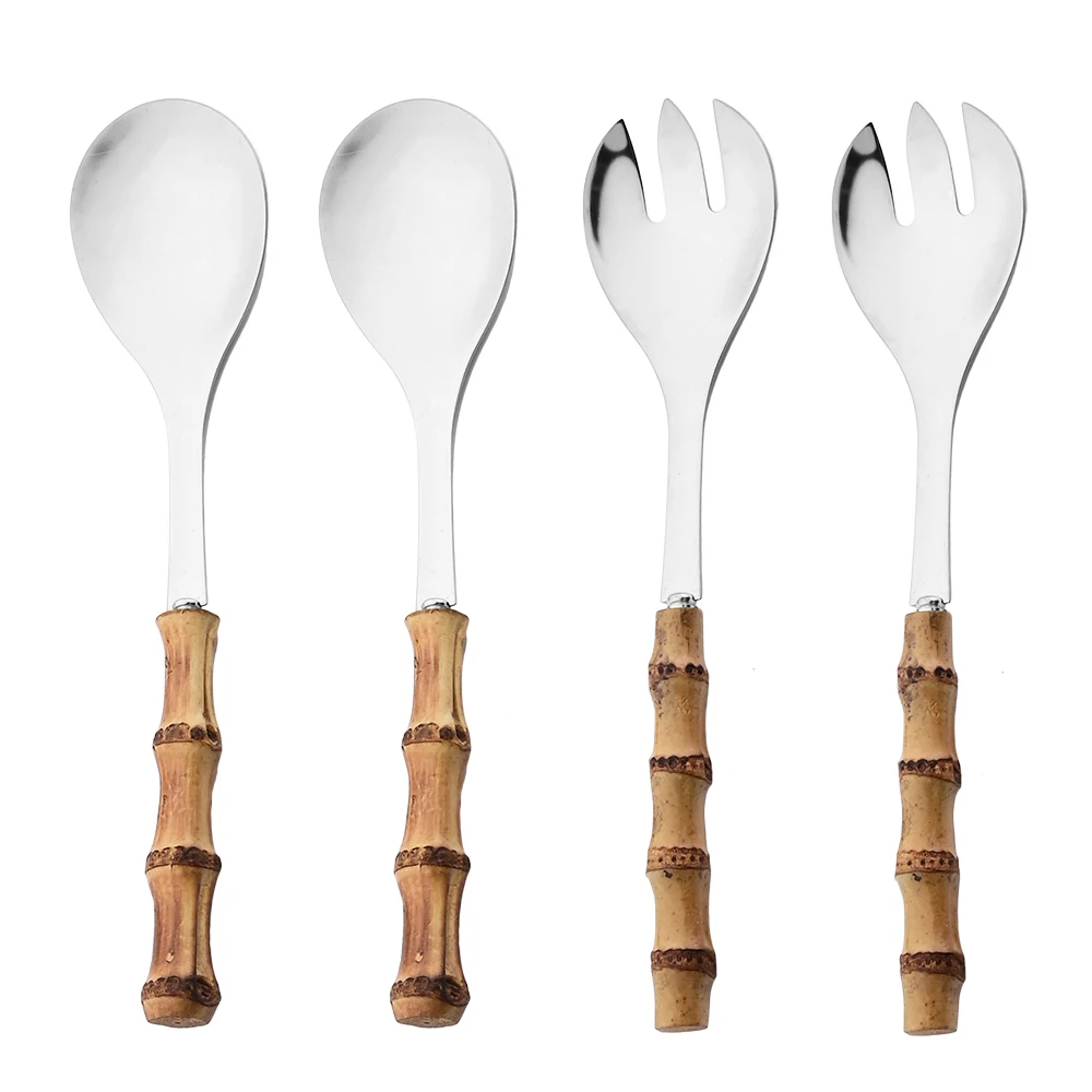 2/4Pcs Long Handle Serving Spoon Serving Spoon Dinnerware Set Bamboo Wooden Handle Salad Spoon Fork Stainless Steel Tableware Kitchen Cutlery Set