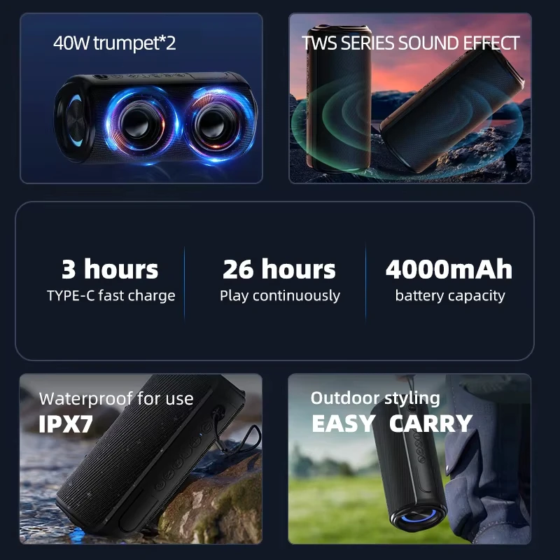 MX40 Powerful Bluetooth Speaker Bass Wireless Speakers Subwoofer Waterproof Sound Box Support TF, TWS, USB Flash Drive