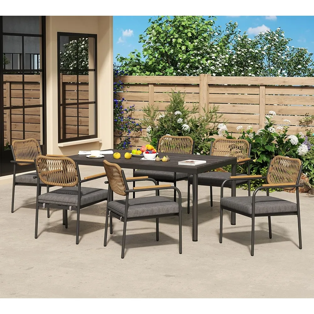 Wicker Outdoor Dining Set for 6, Upholstered 7 Piece Patio Dining Set with Armrests, Modern Outdoor Dining Table Sets 3