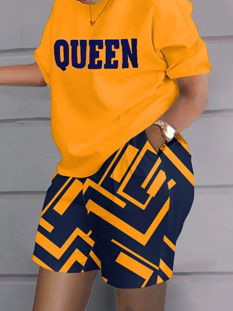 

Casual Short Sleeve T-shirt Shorts Set Spring Summer Fashion Letter Print Blouse Shorts Two Piece Sets For Women Outfit 2023