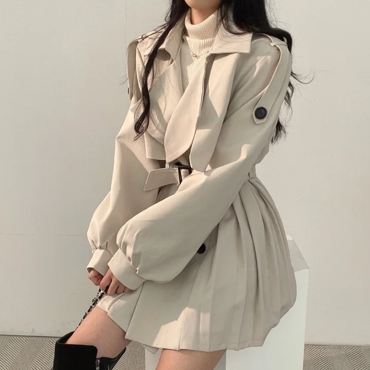 [EWQ] Korean Chic Black Lapel Double Breasted Lace Up Waist Lantern Sleeve Pleated Windbreaker Coat Female Fashion 2022 16E4792 best winter jackets