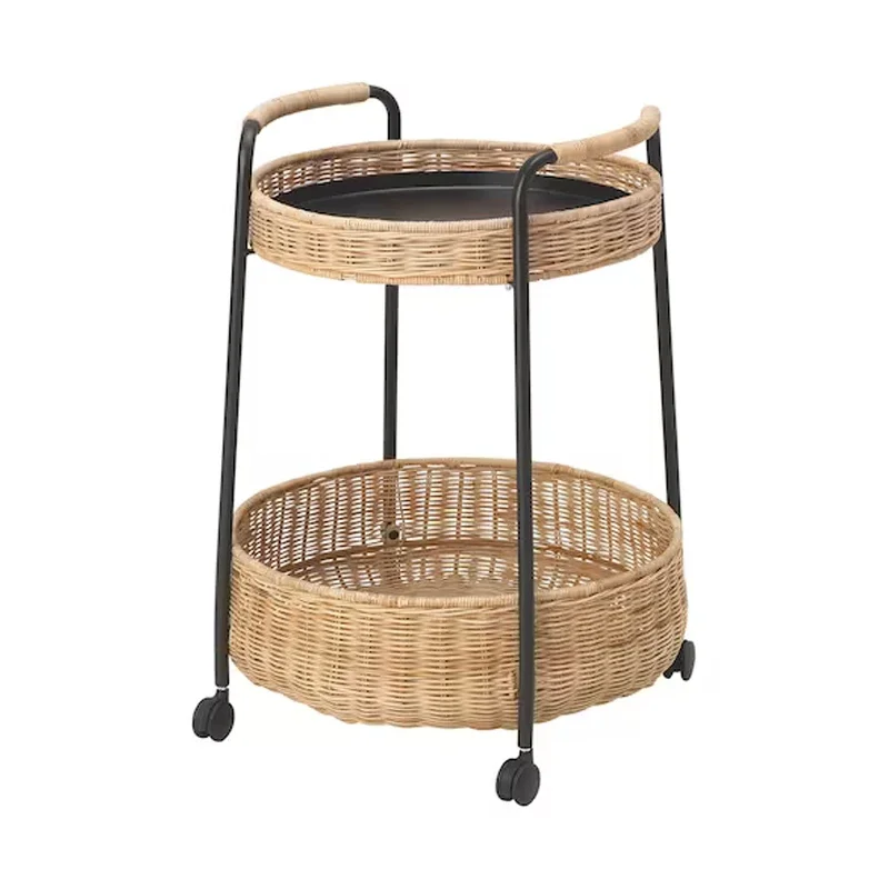Double Layer Rattan Weaving Coffee Table Living Room Sofa Side Table Metal Black Room Desks Universal Pulley Storage Cart