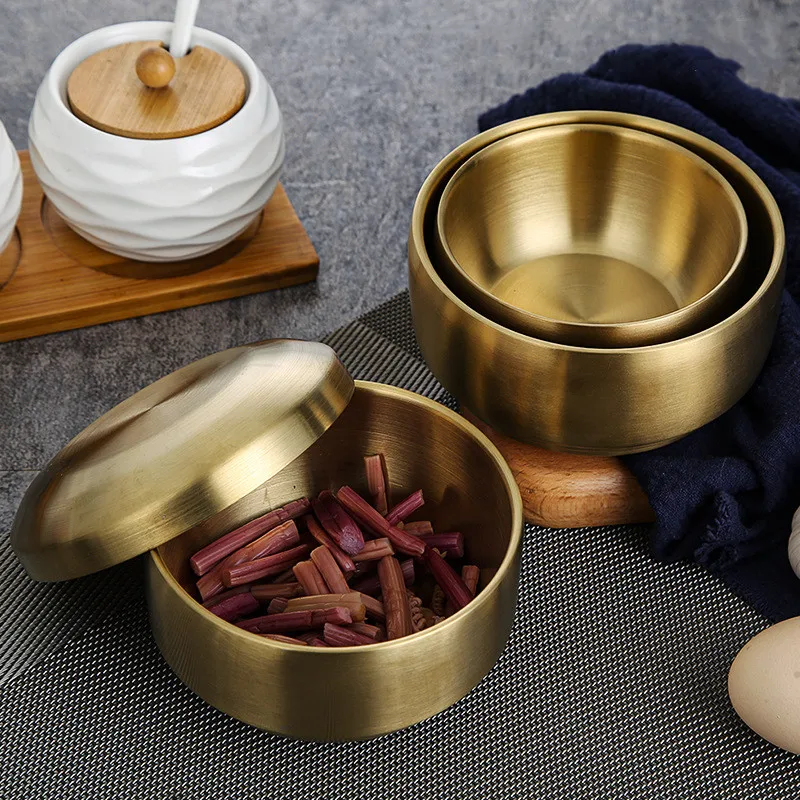 OKUMEYR 304 Stainless Steel Korean Kimchi Bowl With Lid - Multi-Use Soup, Salad, Rice Serving Bowl, 8.5x8.5x3 Cm, Golden Color
