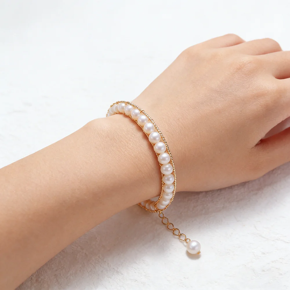 VOBIPY 5,5–6 mm natürliches Süßwasserperlen-Armband für Damen, doppellagiges, verstellbares Armband, elegantes tägliches Schmuckgeschenk, 17 cm + 4 cm – Detail 4