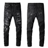Black High Street Holes Transparent Crystals Patchwork Stretch Slim Fit Rhinestones Patches Distressed Ripped Jeans Men 2