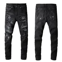 Black High Street Holes Transparent Crystals Patchwork Stretch Slim Fit Rhinestones Patches Distressed Ripped Jeans Men 2