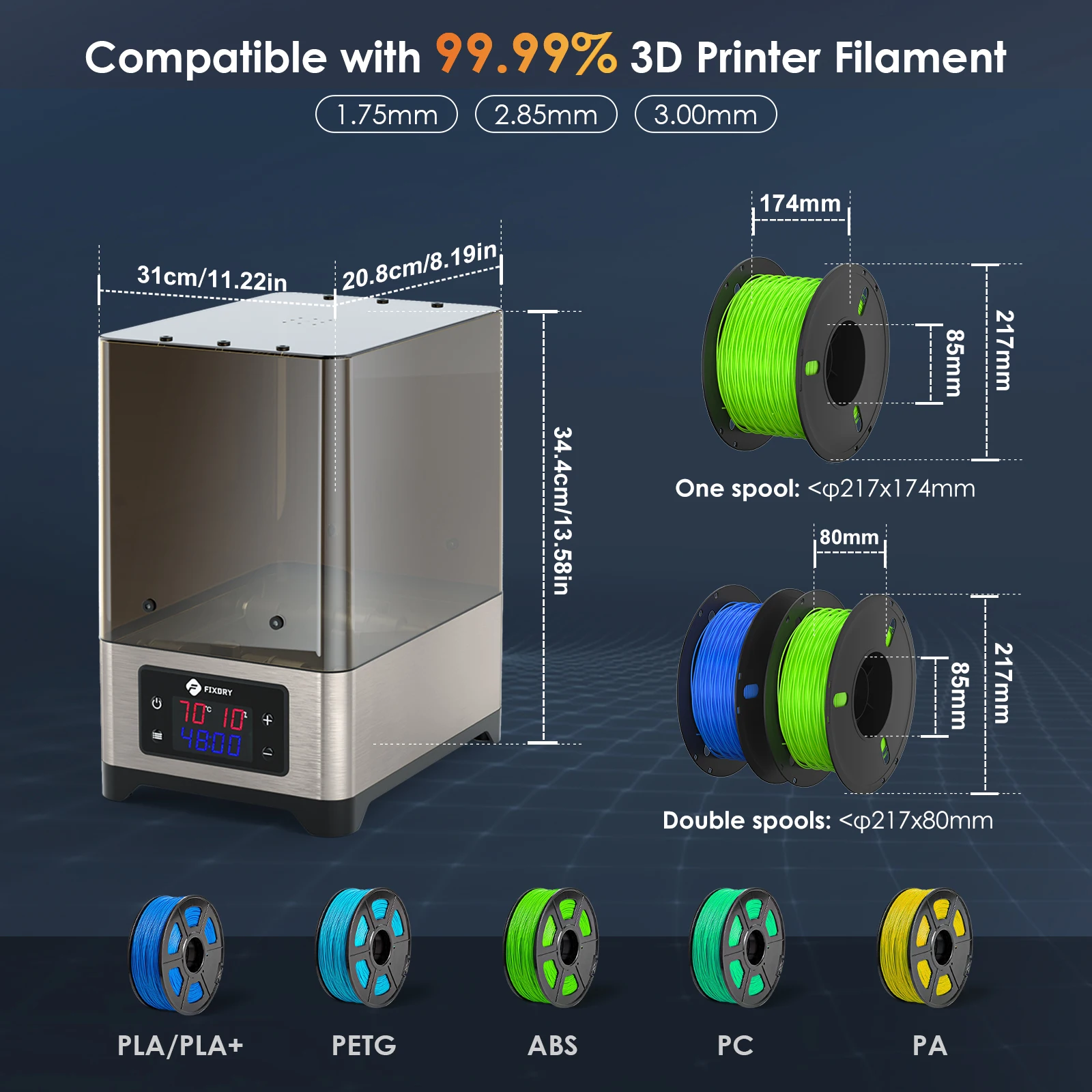 FIXDRY NT1 3D 프린터 필라멘트 건조기 상자 2롤 3Kg 필라멘트 홀더 360 °   열풍 가열 45 ℃ -70 ℃   실시간 습도 모니터링