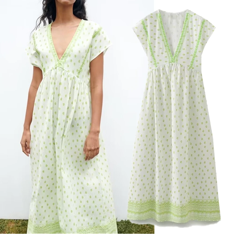 

Withered French Country Retro Floral V-neck Short-sleeved Embroidery Summer Cotton Dress Casual Commuting Midi Dress Women