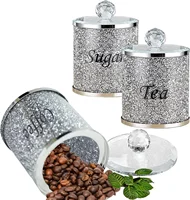 Crystal Coffee Sugar Tea Canister Set 3PCS Glass Crushed Diamonds Storage Container Set with Label & Lid Kitchen Decorative Jars 1