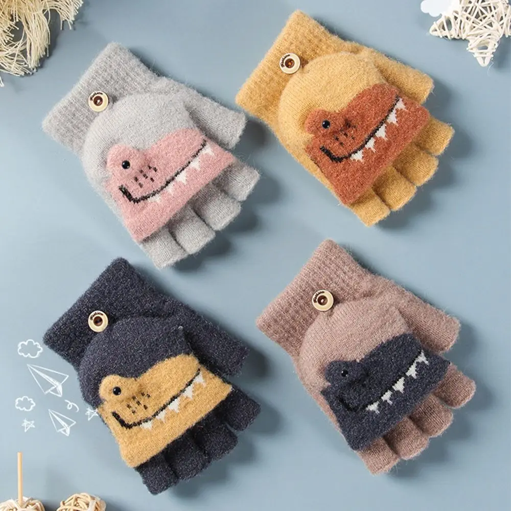 Mittens Winter Wool Knitted Gloves Faux Fur Thick Warm Cartoon Baby Boys Girls Gloves For 5-12 Years Children
