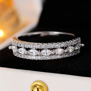 Small Marquise Stone Single Row White Zircon Rings For Women Classic Silver Color Engagement Bands Wedding Jewelry Bridal Gifts