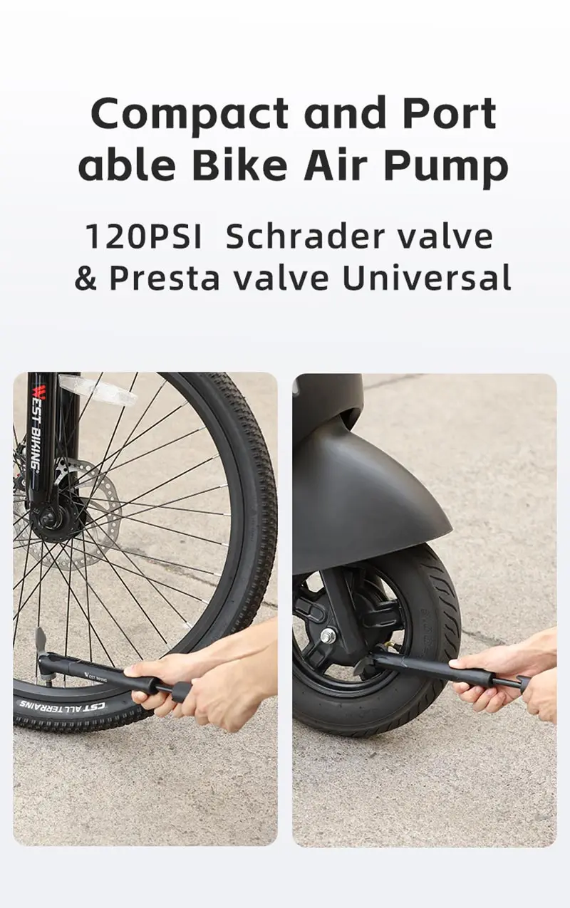 WEST BIKING Fahrradpumpe Tragbare Mini Radfahren Handluftpumpe Hochdruckball MTB Rennrad Reifenfüller für Schrader Presta – Detail 26