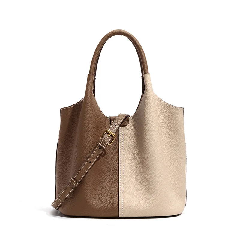 

Colored Vegetable Basket Bag Genuine Leather Bucket Bag, Lichi Pattern Head Layer Cowhide Simple Versatile Handheld Women's Bag