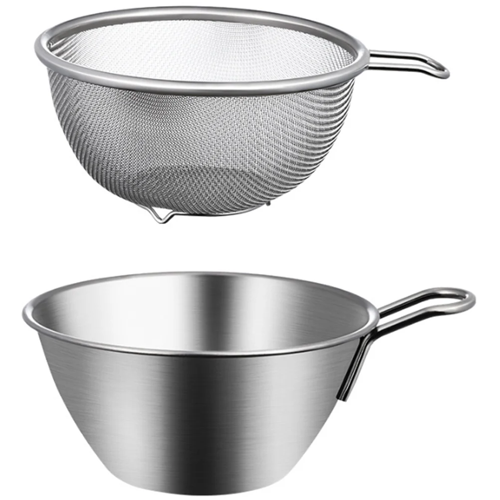 

Strainer Basket Drainer Stainless Steel Egg with Handle Baking Whipped Cream Salad Basin Mixing Bowl Colander Rice Mesh