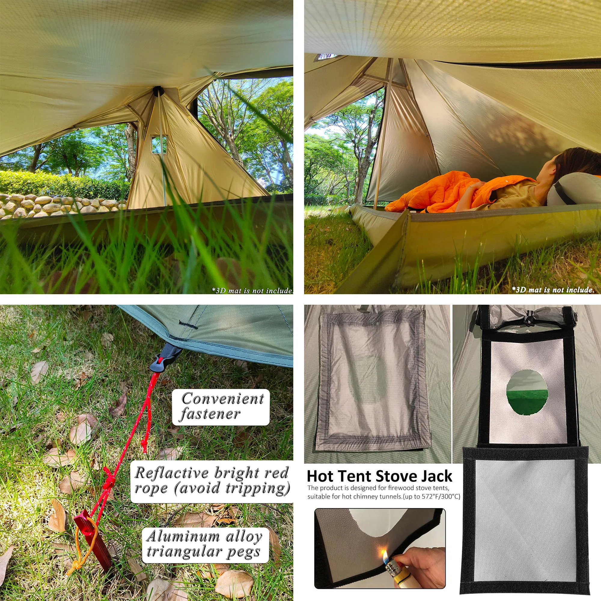 Lightweight Pyramid Tent Fly with Chimney Hole Teepee Tent Camping Outdoor Waterproof 1 Person Tipi Adult Bushcraft Glamping