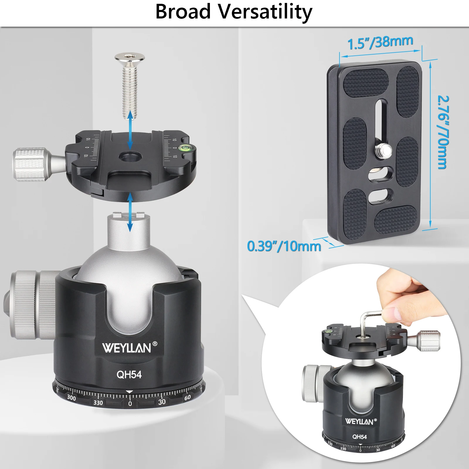 QB54 Tripod Head Professional 54mm Heavy Duty Metal Ball Head 360° Panoramic Cam