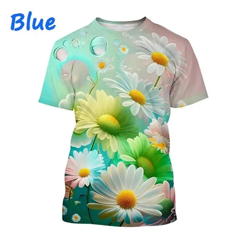 

2023 Summer Daisies 3D Printed T-shirt Colorful Flower Pattern Fashion Short-sleeved Plant Chrysanthemum Casual Tops Men Women