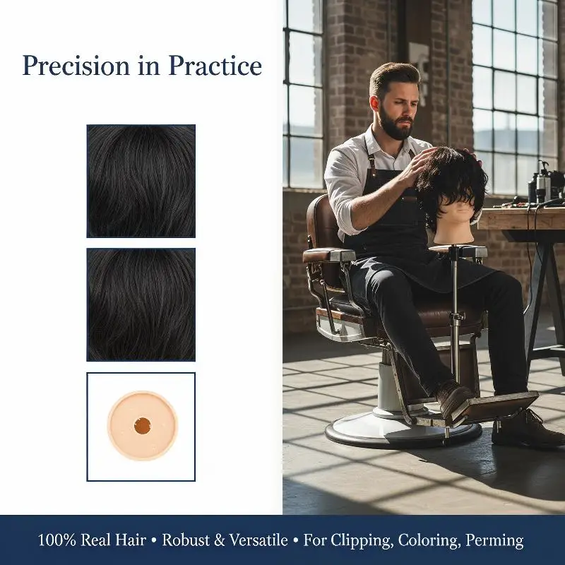 Testa di manichino con capelli umani veri, capelli corti neri, perfetta per la pratica di parrucchieri, strumento per lo styling e la bellezza - immagine 3